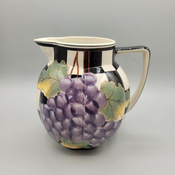 Laura Ashley Grapefields Ceramic Pitcher Hand Painted Checkered - Picture 1 of 9